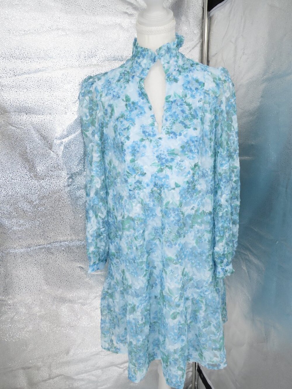 TUCKERNUCK Floral Mini Dress Blue Small Chiffon High Neck Long Sleeve Sheer Mesh